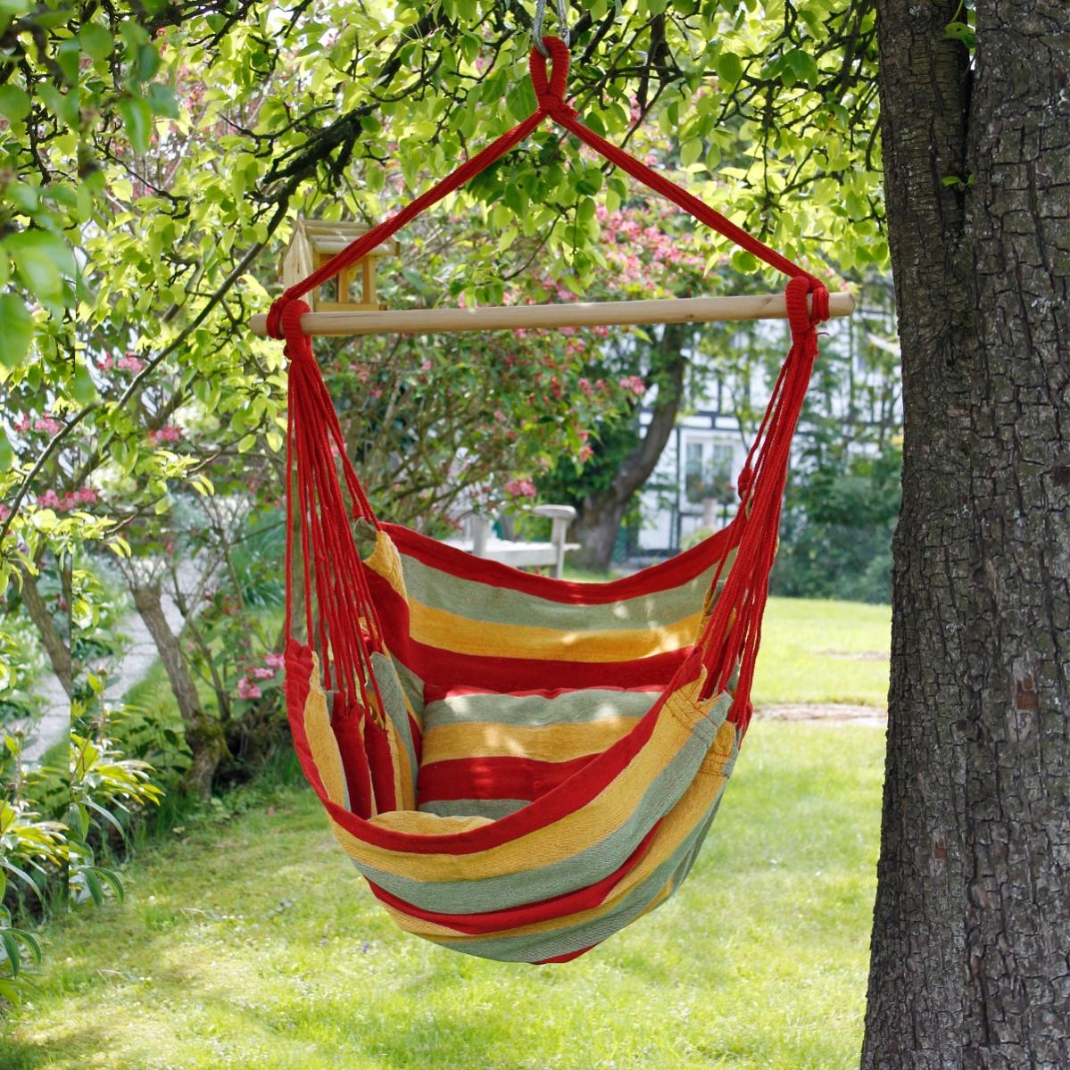 Hamac de jardin chaise balançoire suspendue rouge/vert/jaune avec 2 oreillers